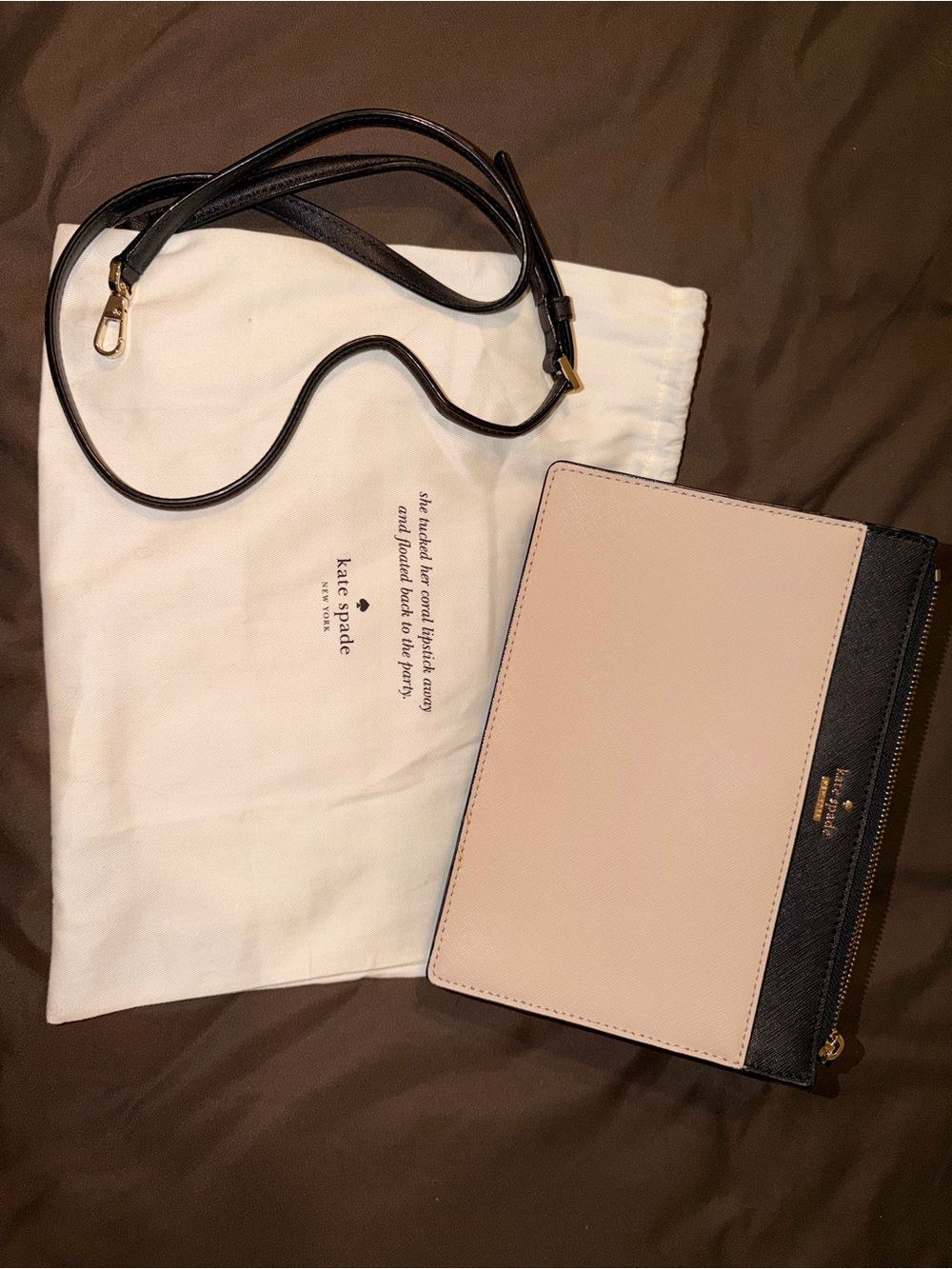 kate spade Pale Pink and Black Crossbody Wallet with Gold Hardware